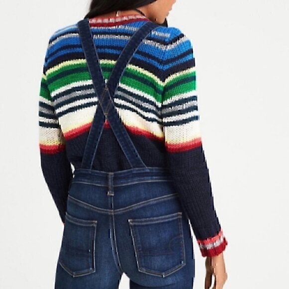 AMERICAN EAGLE Rainbow Navy Cream Striped Chunky Knit WOOL Etc Crew Neck Sweater - Picture 4 of 12